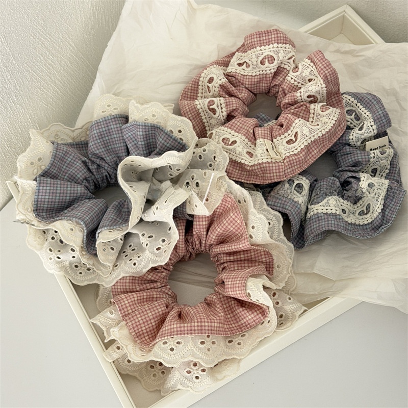 Women's Summer Cloth Hair Scrunchies Pink Plaid Lace Patchwork