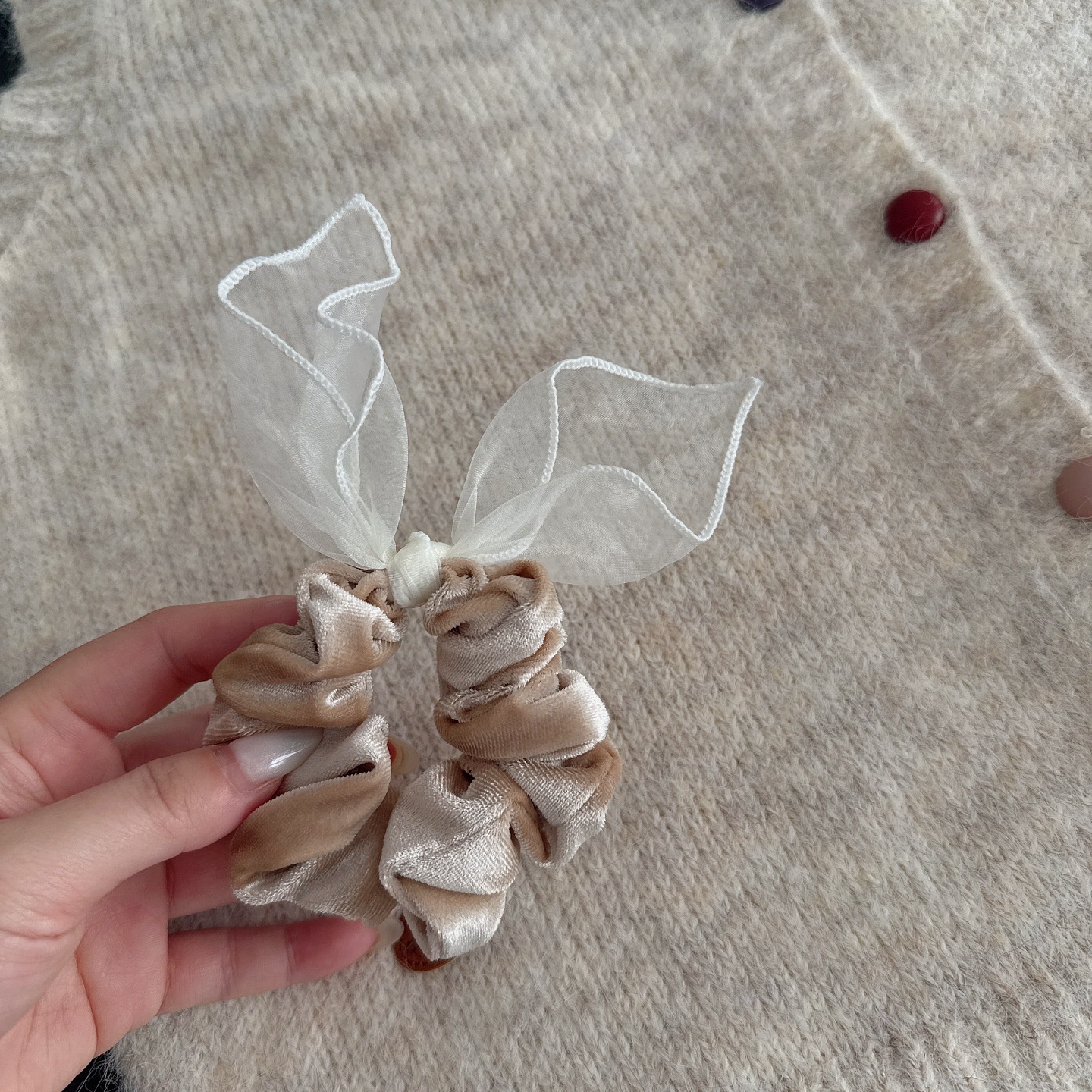 Women's Retro Velvet Mesh Rabbit Ear Bow Hair Tie Bun Fixing Khaki Coffee