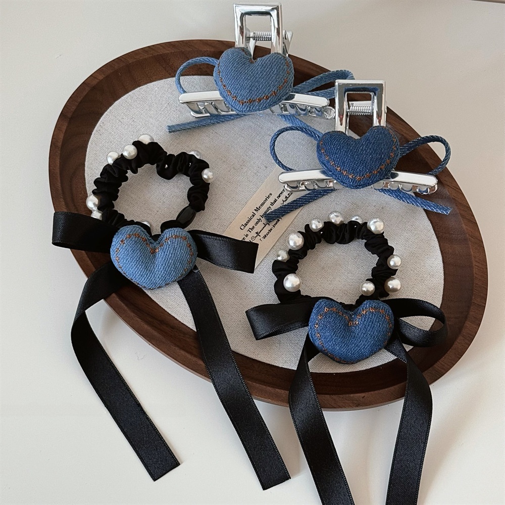 Women's Retro Denim Hair Tie Summer Accessory Pearl Heart Bow Knot