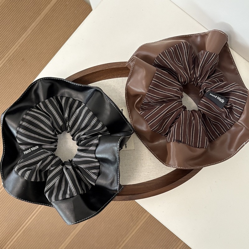 Women's Autumn Vintage Leather Ruffle Ponytail Hair Ties Striped Patchwork