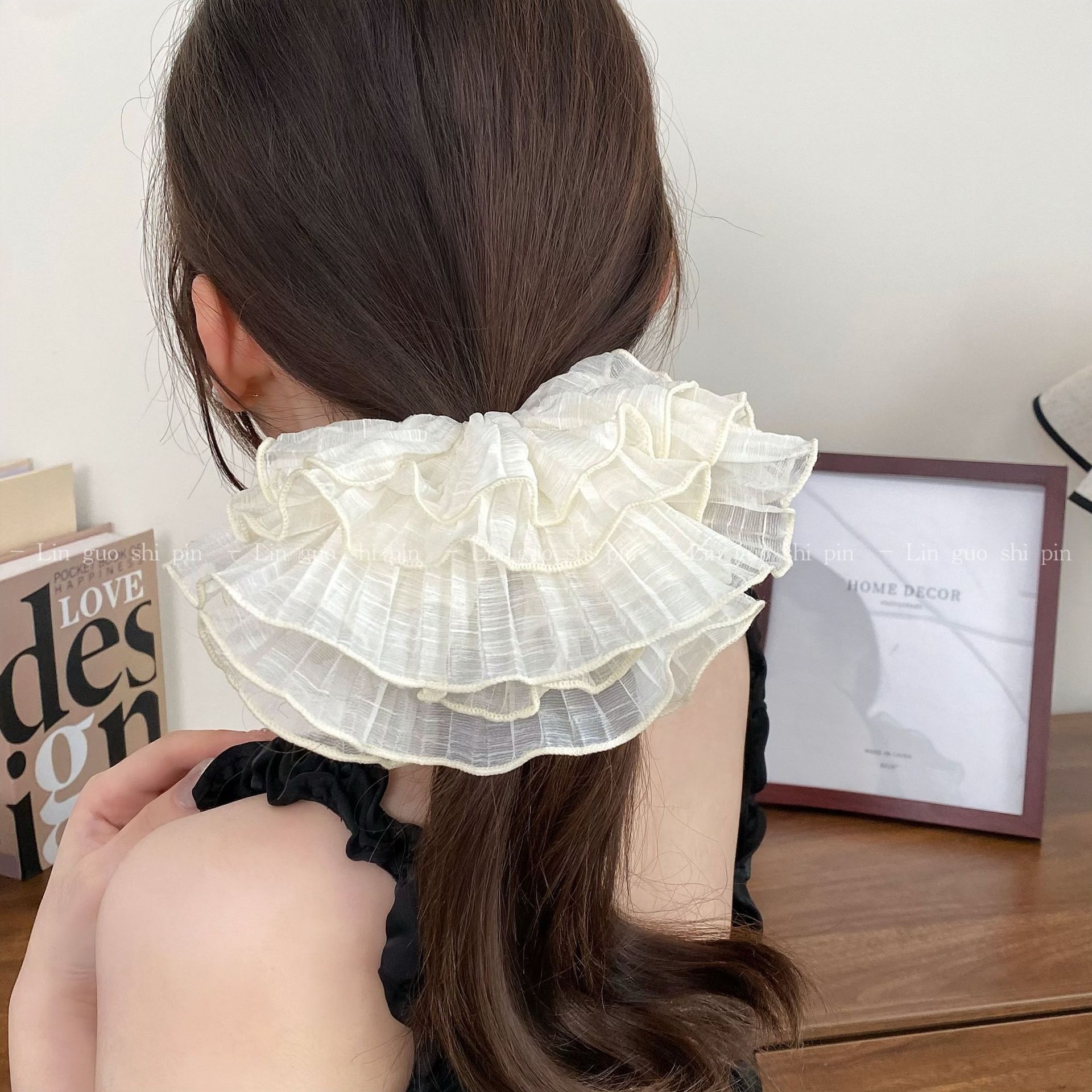 Women's Spring Soft Gauze Chiffon Hair Tie Sweet Pink Floral Lace