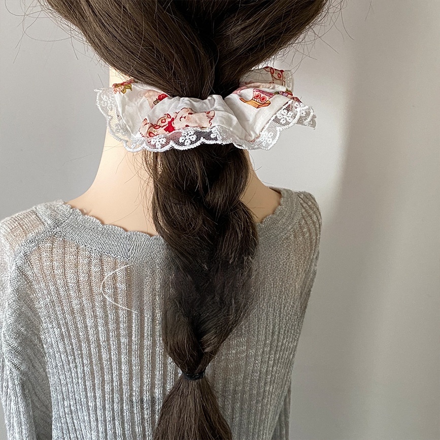 Women's Soft Cloth Lace Hair Tie with Sweet Strawberry Floral Pattern