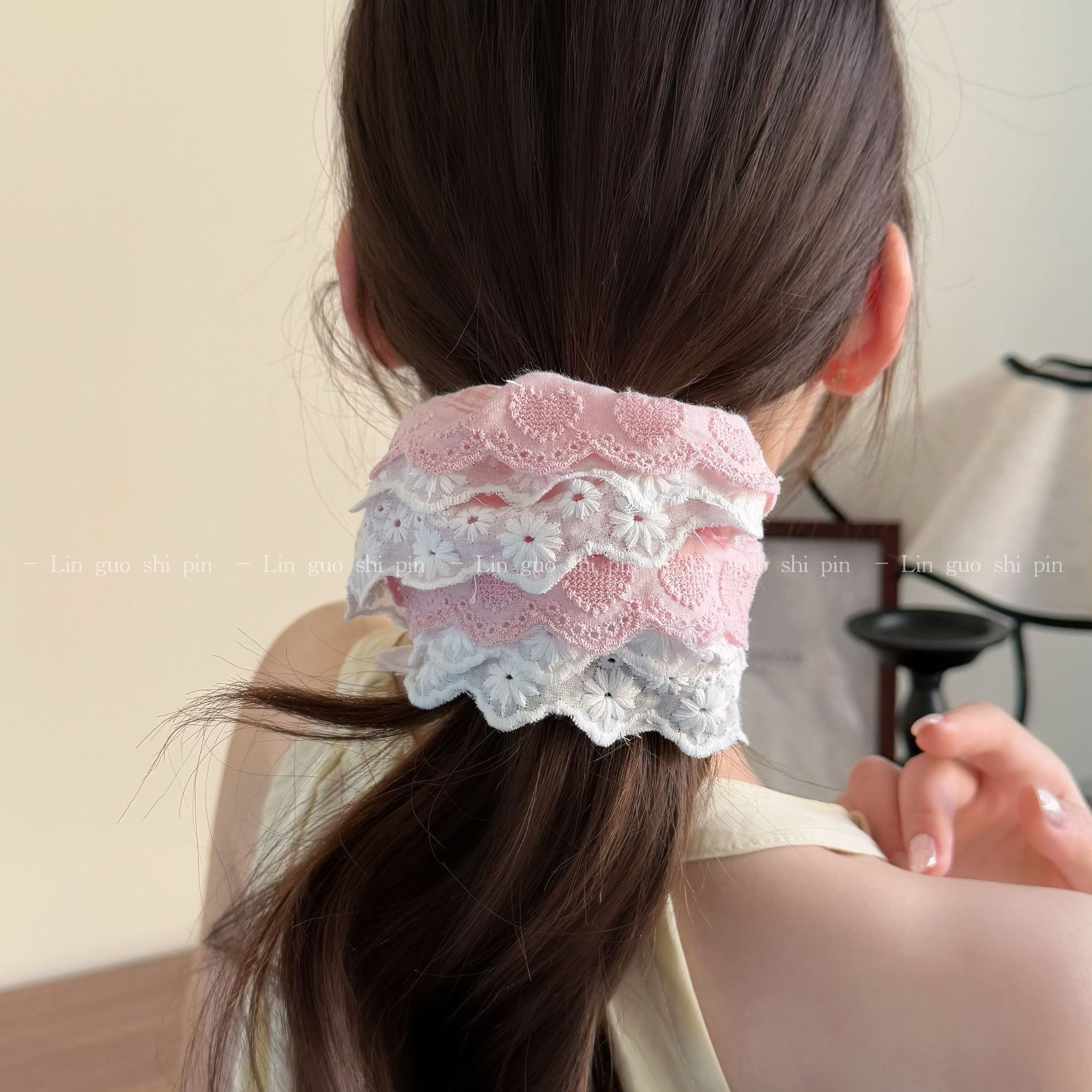 Women's Preppy Lace Heart Shape Hair Tie Daily Accessory Blue Plaid