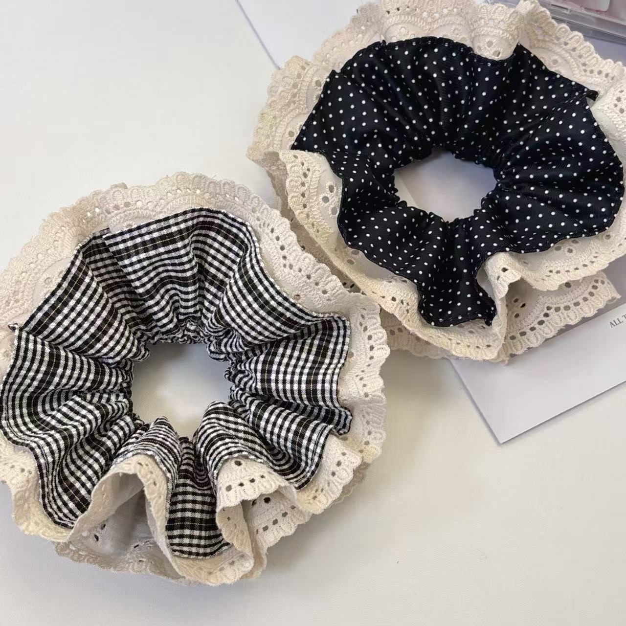 Women's Retro Black Polka Dot Cloth Hair Tie Classic Vintage Scrunchie