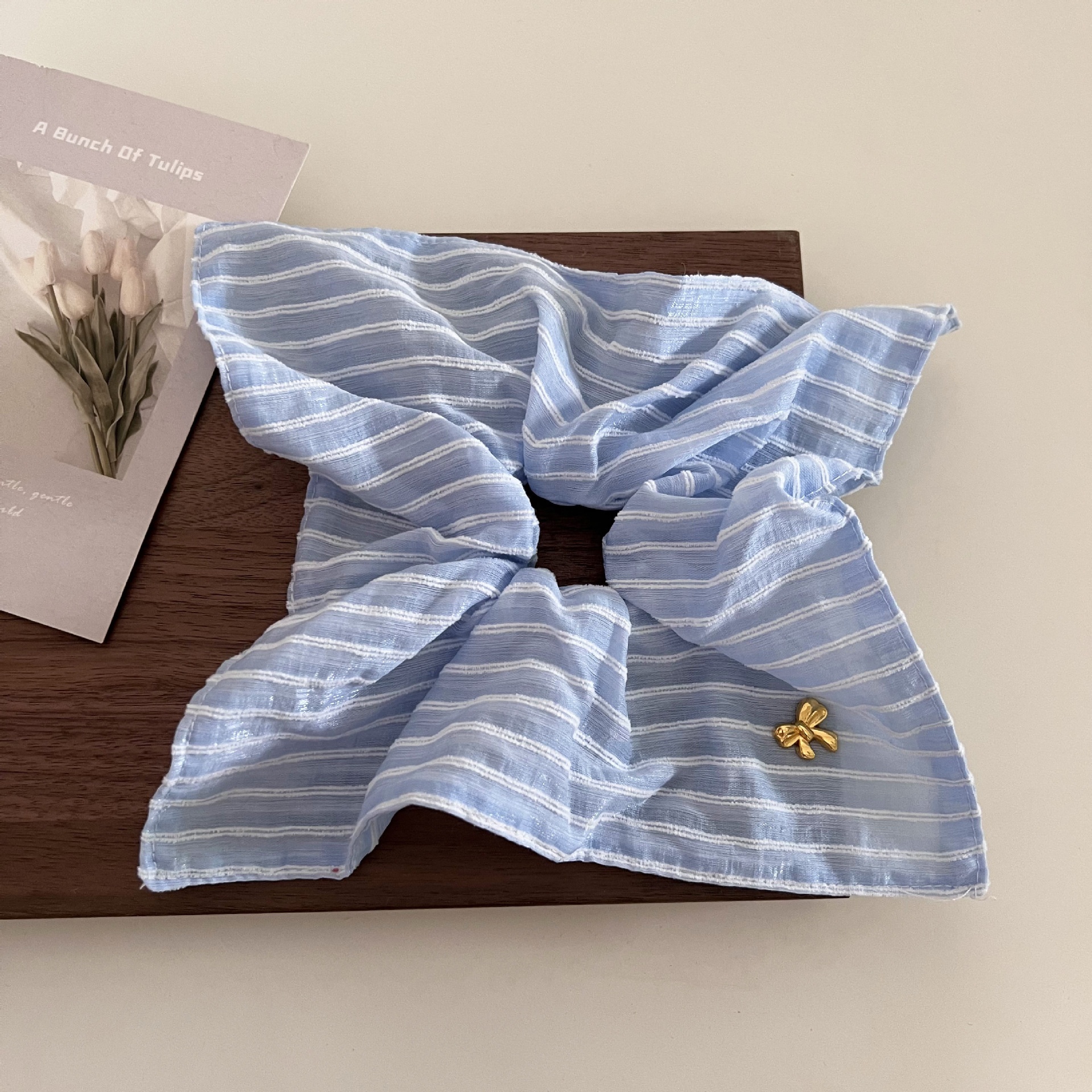 Women's Gentle Cloth Bow Hair Tie Scrunchie Blue Beige Striped Dot