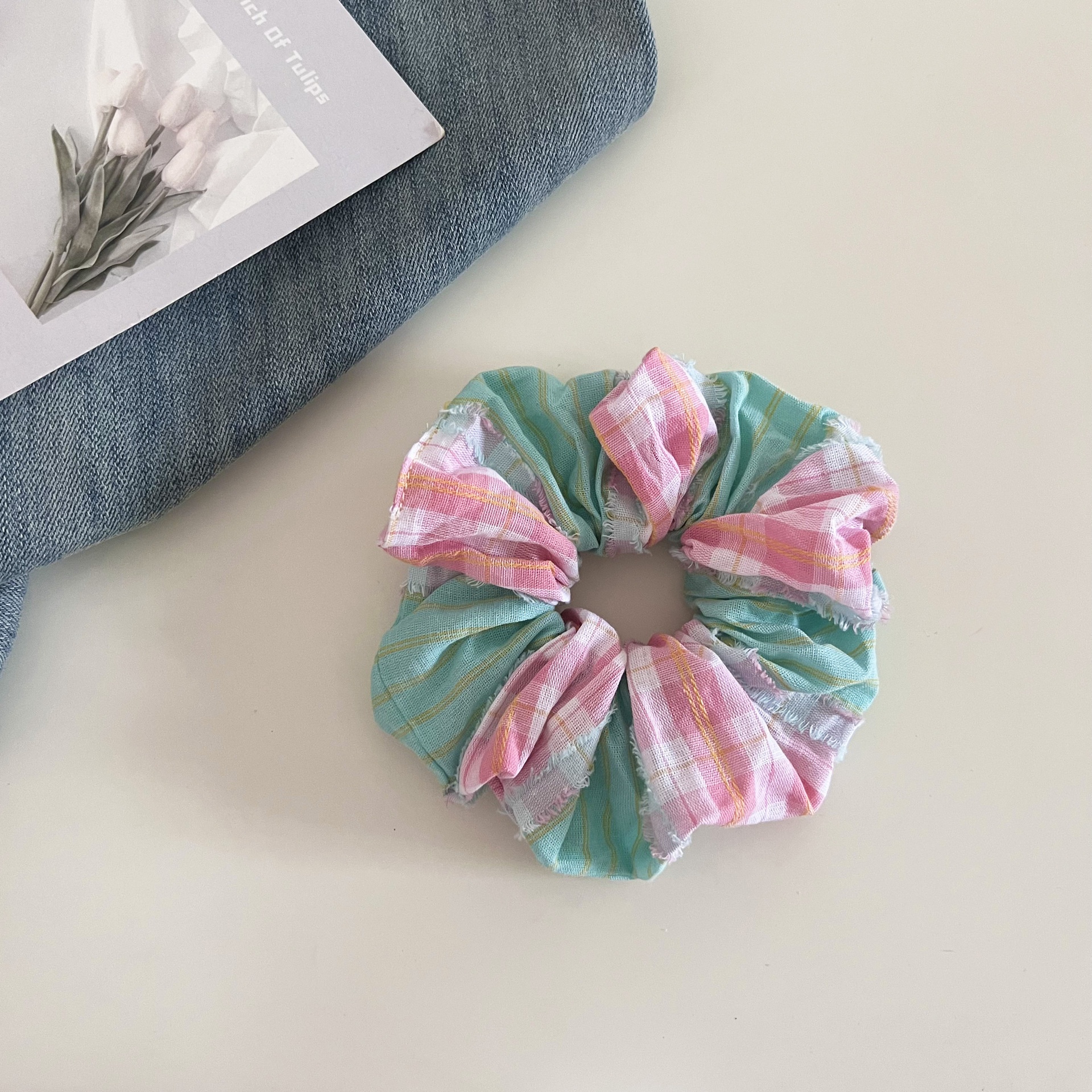 Women's Daily Stylish Cloth Hair Scrunchies Pink Plaid Checkered Pattern