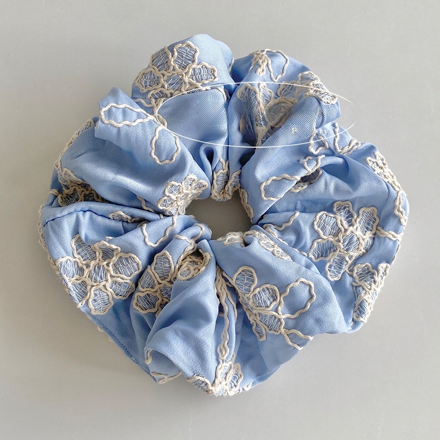 Women's Denim Bubble Braid Hair Tie Light Blue Embroidered Flower