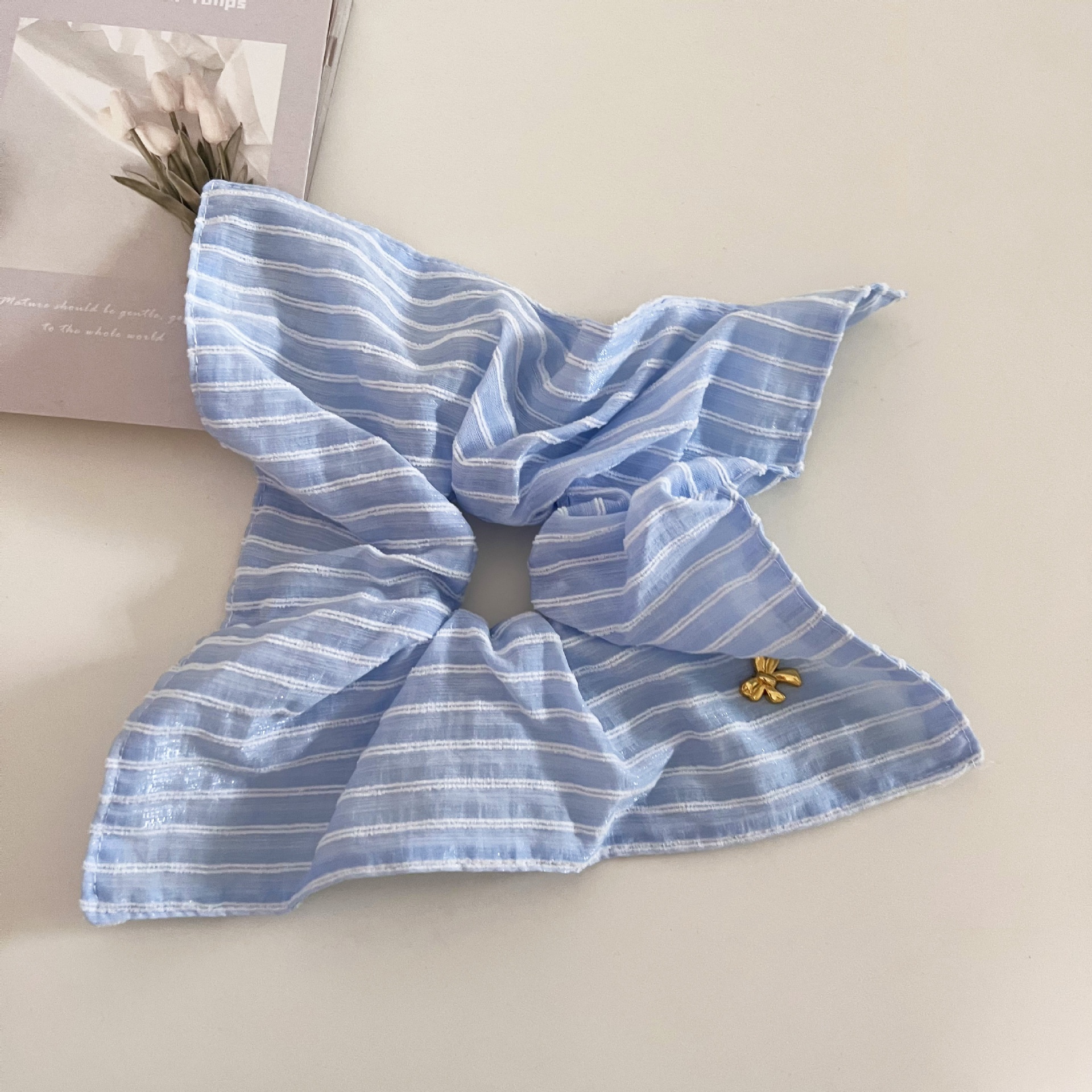 Women's Gentle Cloth Bow Hair Tie Scrunchie Blue Beige Striped Dot