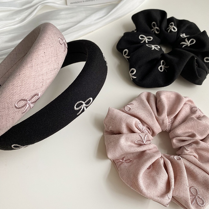 Women's Elegant Cloth Outdoor Hair Tie Pink Black Butterfly Bowtie