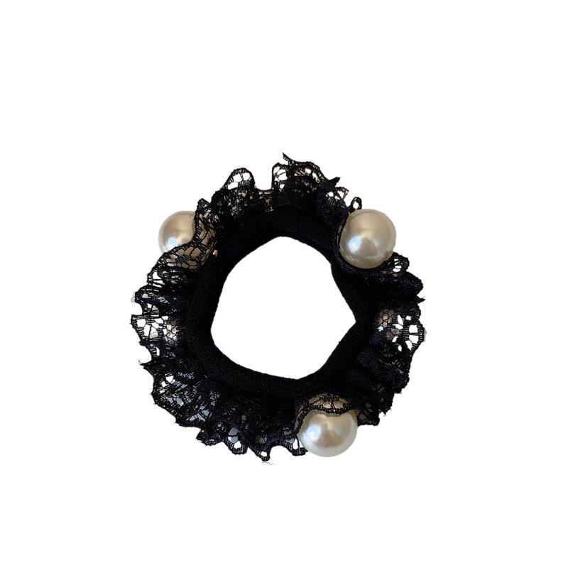 Women's Everyday Gauze Pearl Hair Ties 5-Piece Set Black Bow Knot