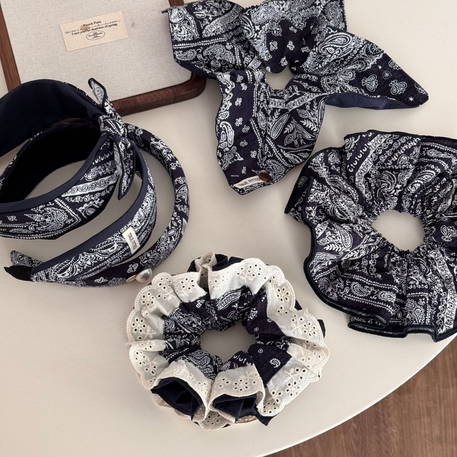 Women's Vintage Summer Bubble Braid Hair Rope Navy Blue Cashew Lace