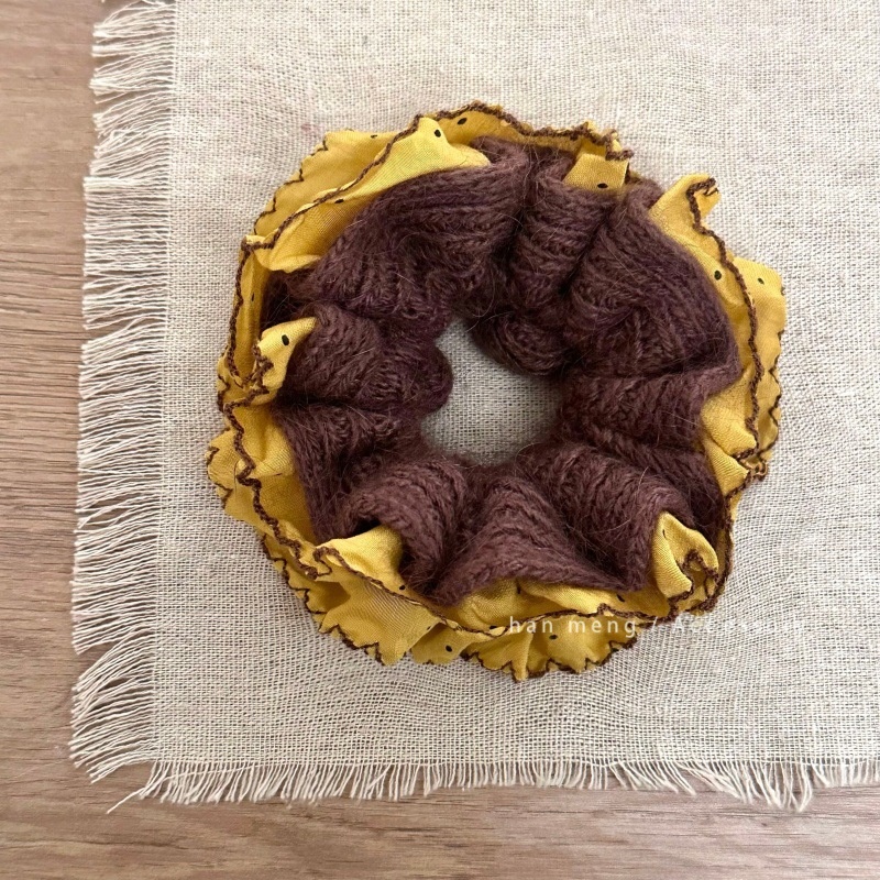 Women's Winter Knitted Woolen Hair Ties Double Layer Green Color Block