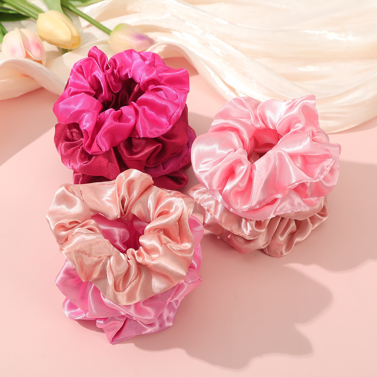 Women's Elegant Satin Scrunchie Winter Hair Accessory Solid Pink