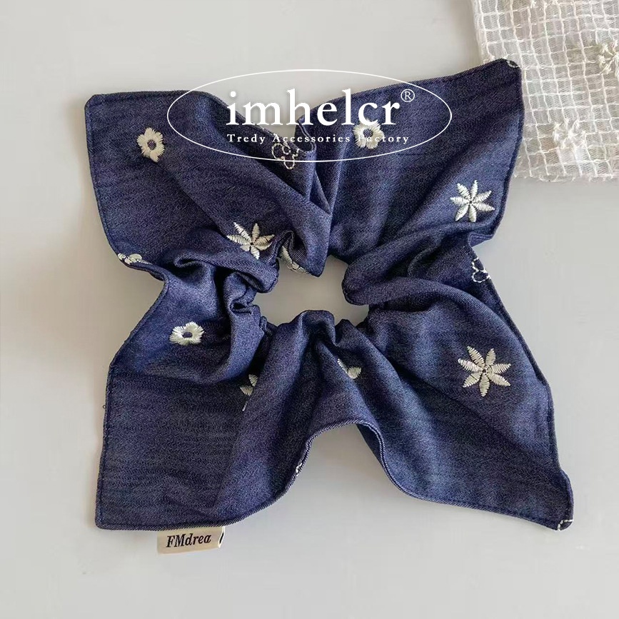 Women's Autumn Hair Tie Cowboy Style Denim Floral Embroidery