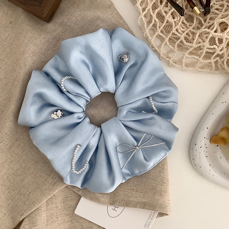 Women's Premium Satin Pearl Hair Tie Elegant Bun Band Blue Bow Knot