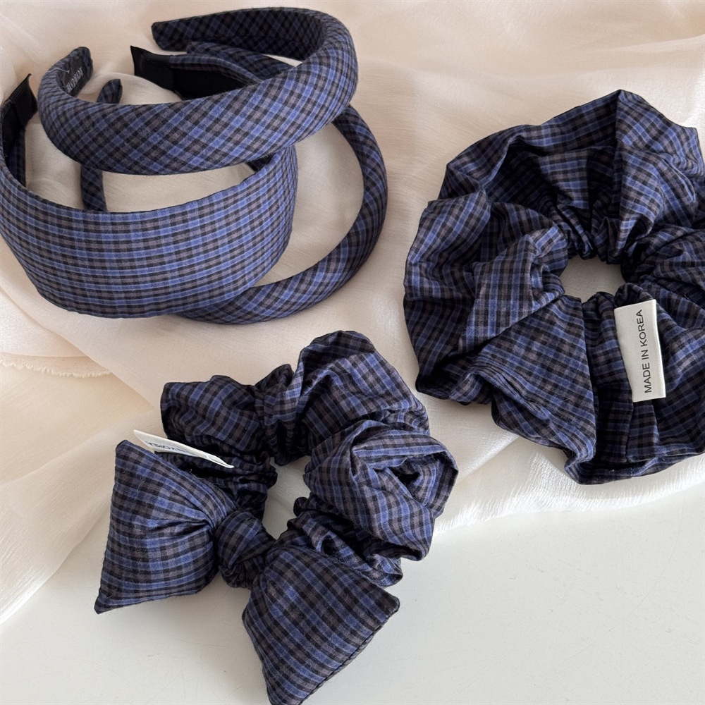 Women's Summer Cotton Bowknot Hair Accessories Navy Blue Plaid