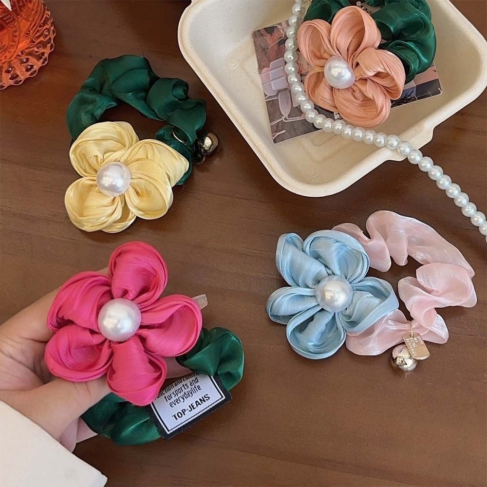 Women's Retro Satin Pearl Elastic Ponytail Holder Summer Floral Hairband