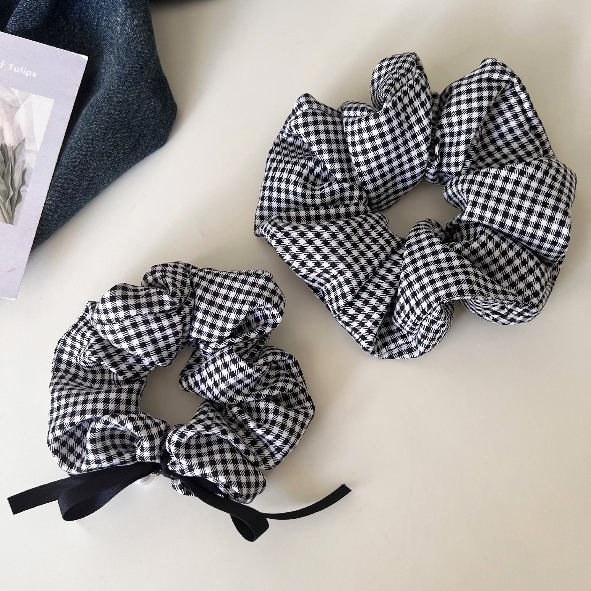 Women's Trendy Black & White Plaid Scrunchie with Pearl Bow Knot