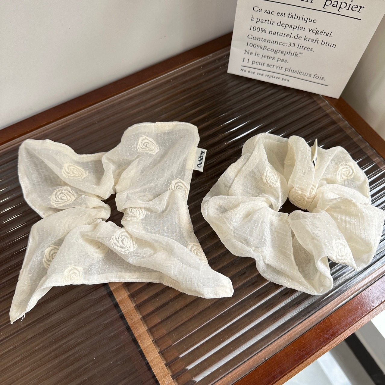 Women's Elegant Beige Gauze Hair Tie with Delicate Rose Embroidery