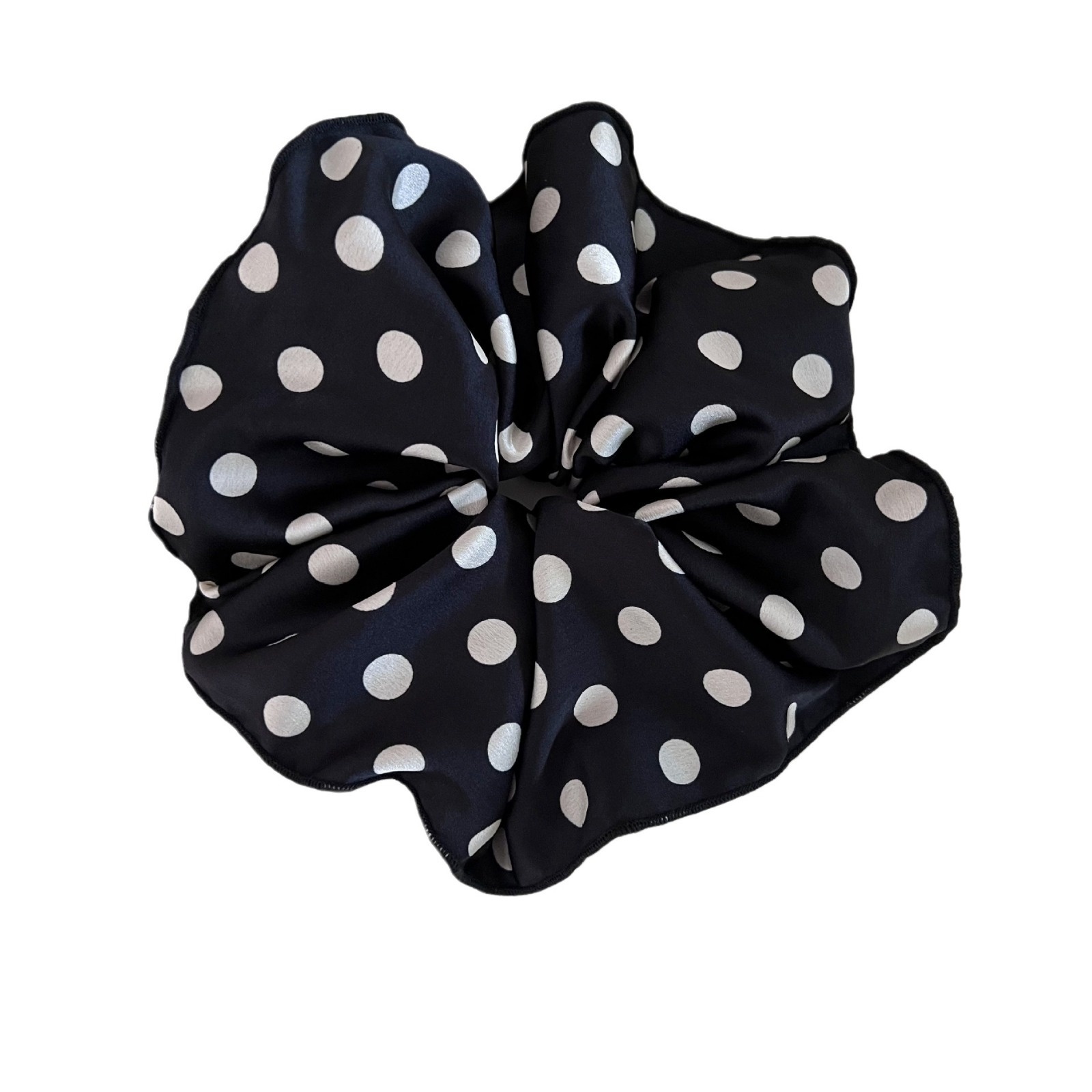 Women's Extra Large French Satin High Bun Hairband Black White Polka Dot