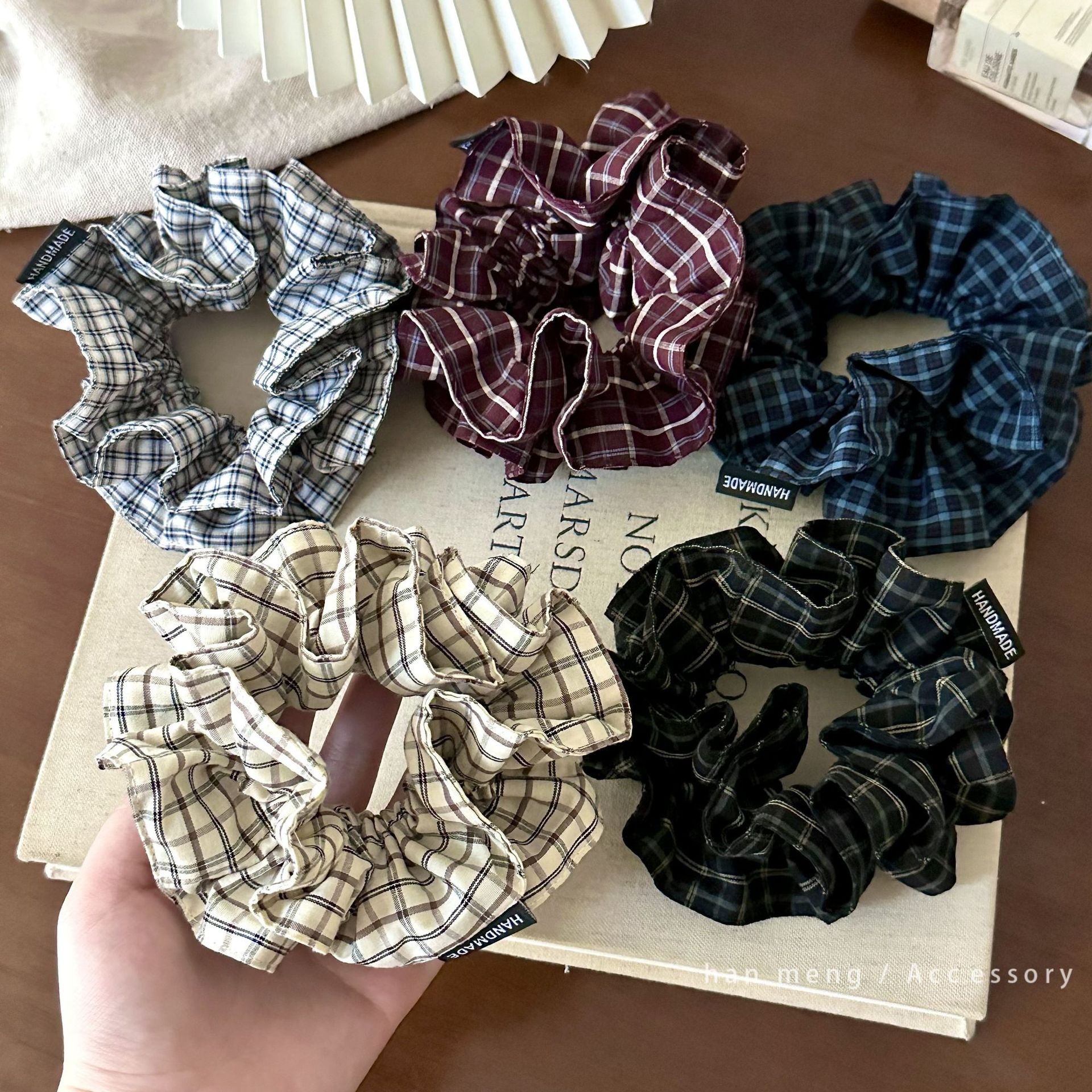 Women's Autumn Fabric Low Bun Ponytail Hair Tie British Plaid