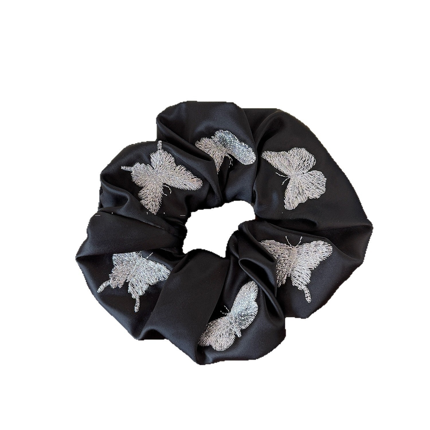 Women's All Season Satin Hair Tie Black Silver Butterfly Embroidery