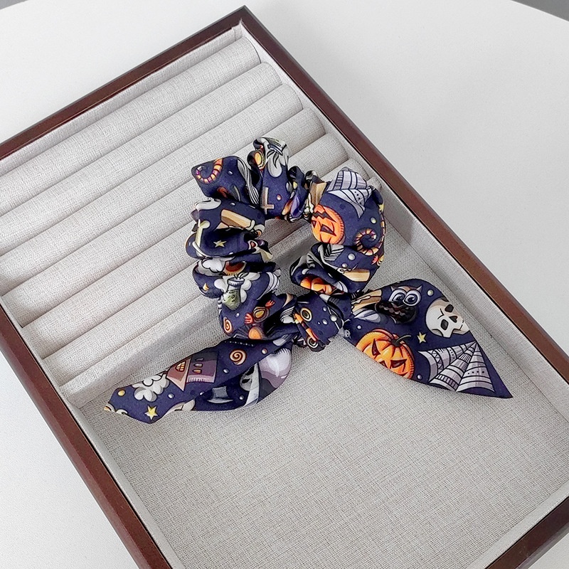 Women's Retro Large Bow Hair Tie Halloween Pumpkin Ghost Bat Print Fabric Art
