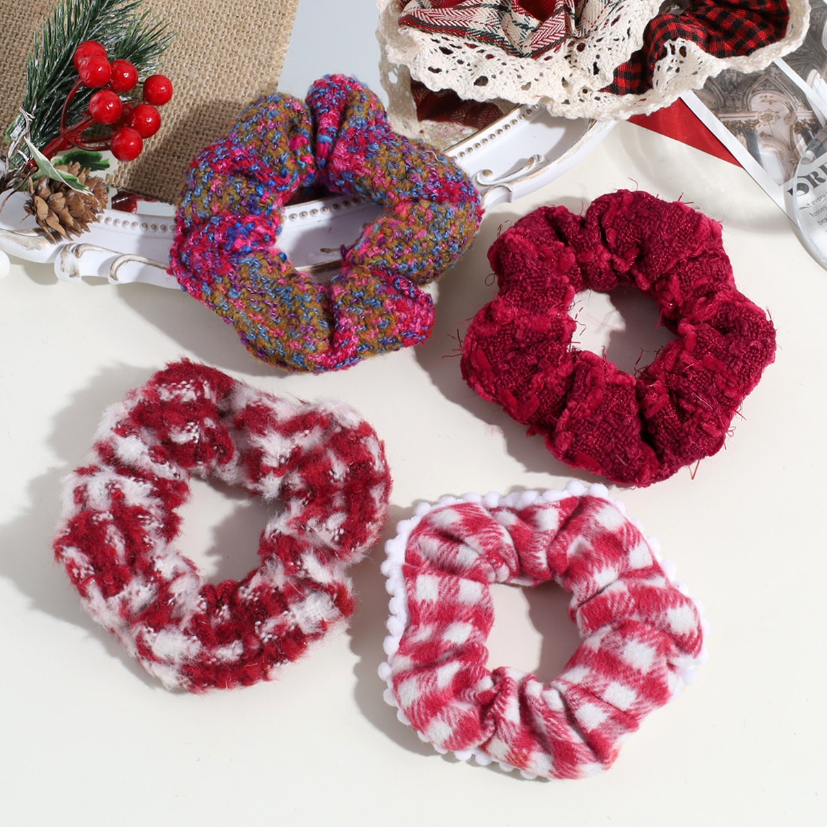 Women's Autumn Winter Fluffy Knit Hair Scrunchie Classic Red Plaid