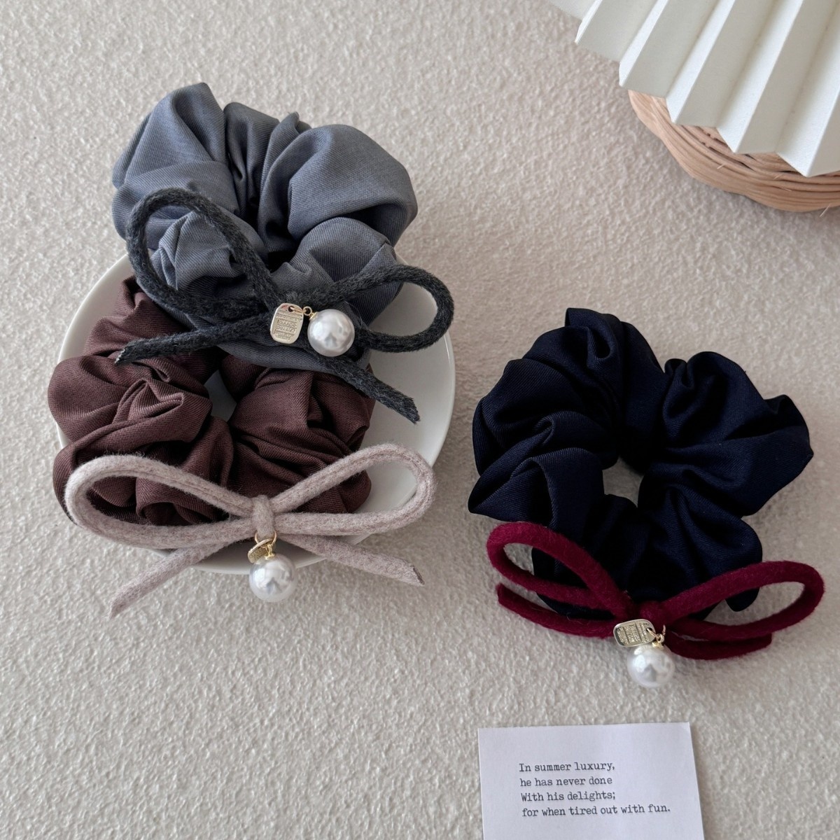 Women's Elegant Large Bow Hair Tie with Pearl Pendant Fabric Butterfly Knot