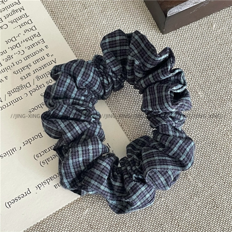 Women's Casual Fabric Tail Hair Ties Denim Blue Polka Dot Plaid