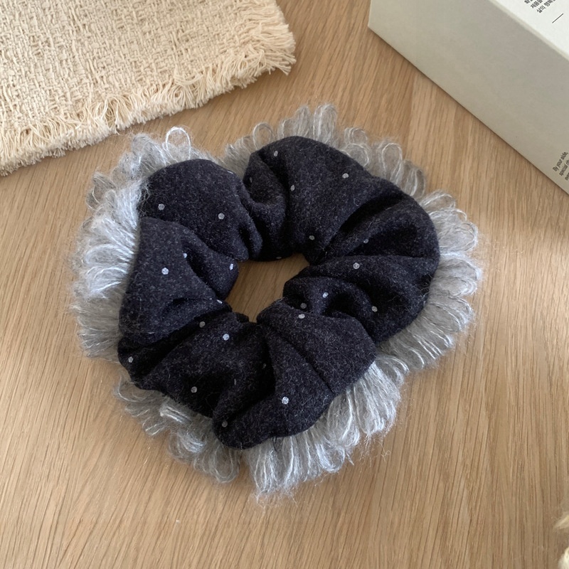 Women's Cozy Autumn Winter Cloth Hair Tie Dark Grey & Wine Red Polka Dots