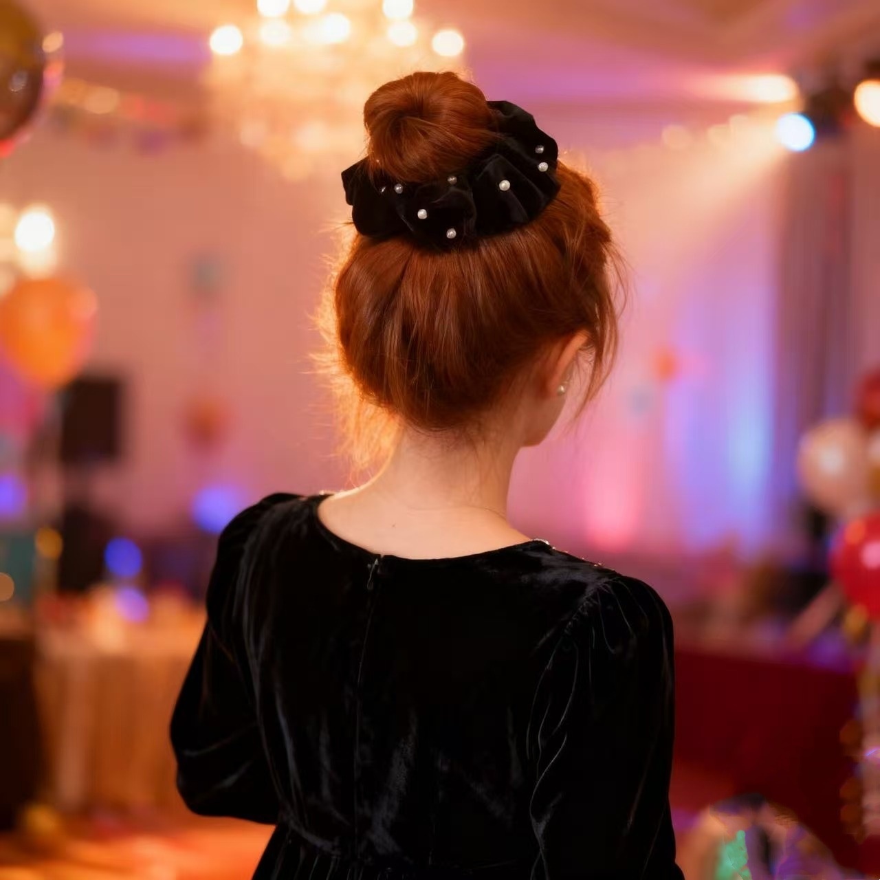 Women Girls Winter Pearl Velvet Low Bun Hair Bands Solid Color