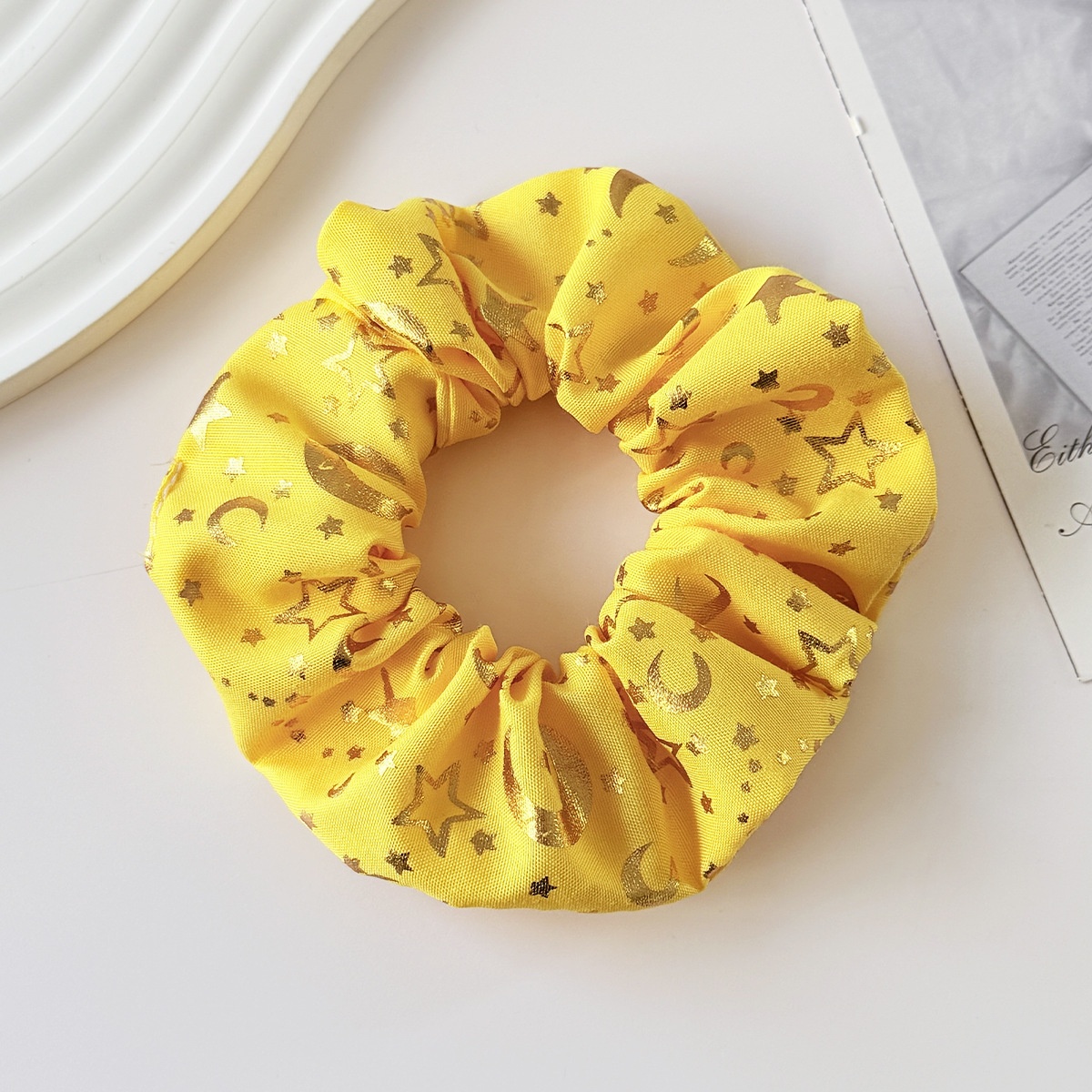 Women's Star & Moon Cloth Hair Tie in Yellow, Stylish All-Season Hair Accessory