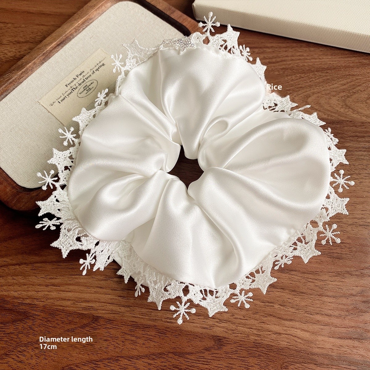 Women's French Style Satin Large Scrunchie Hair Tie White Star Lace