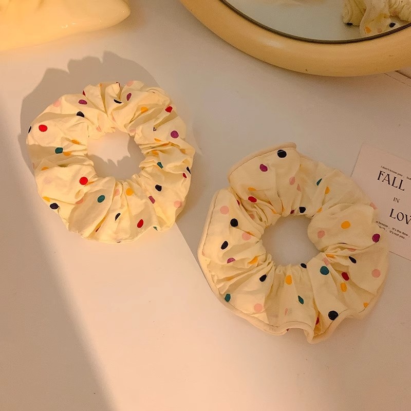 Women's Large Mori Style Scrunchie Beige Polka Dot Cloth Hair Tie