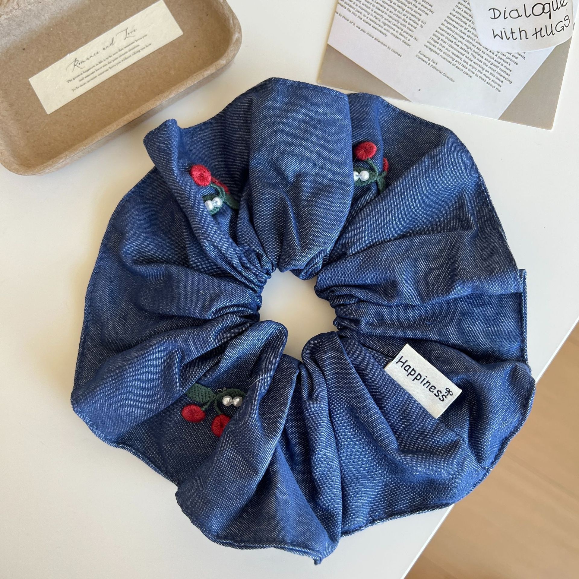 Women's Casual Denim Scrunchie Hair Accessory Cherry Embroidery