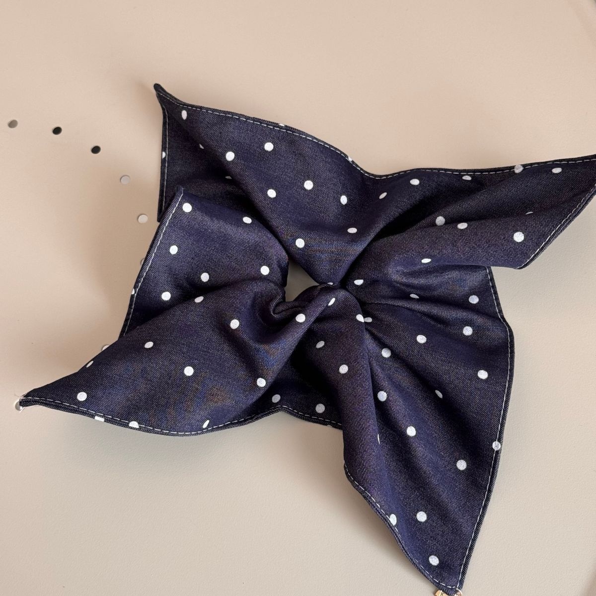Women's Elegant Denim Cloth Scarf Hair Tie Dark Blue Polka Dot