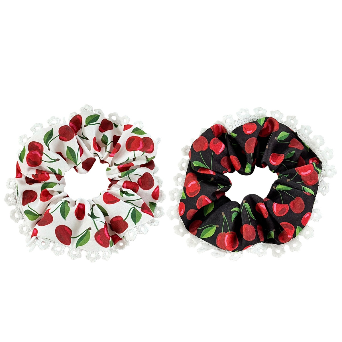Women's Elegant Lace Cloth Hair Tie For Stylish Looks Cherry Pattern White
