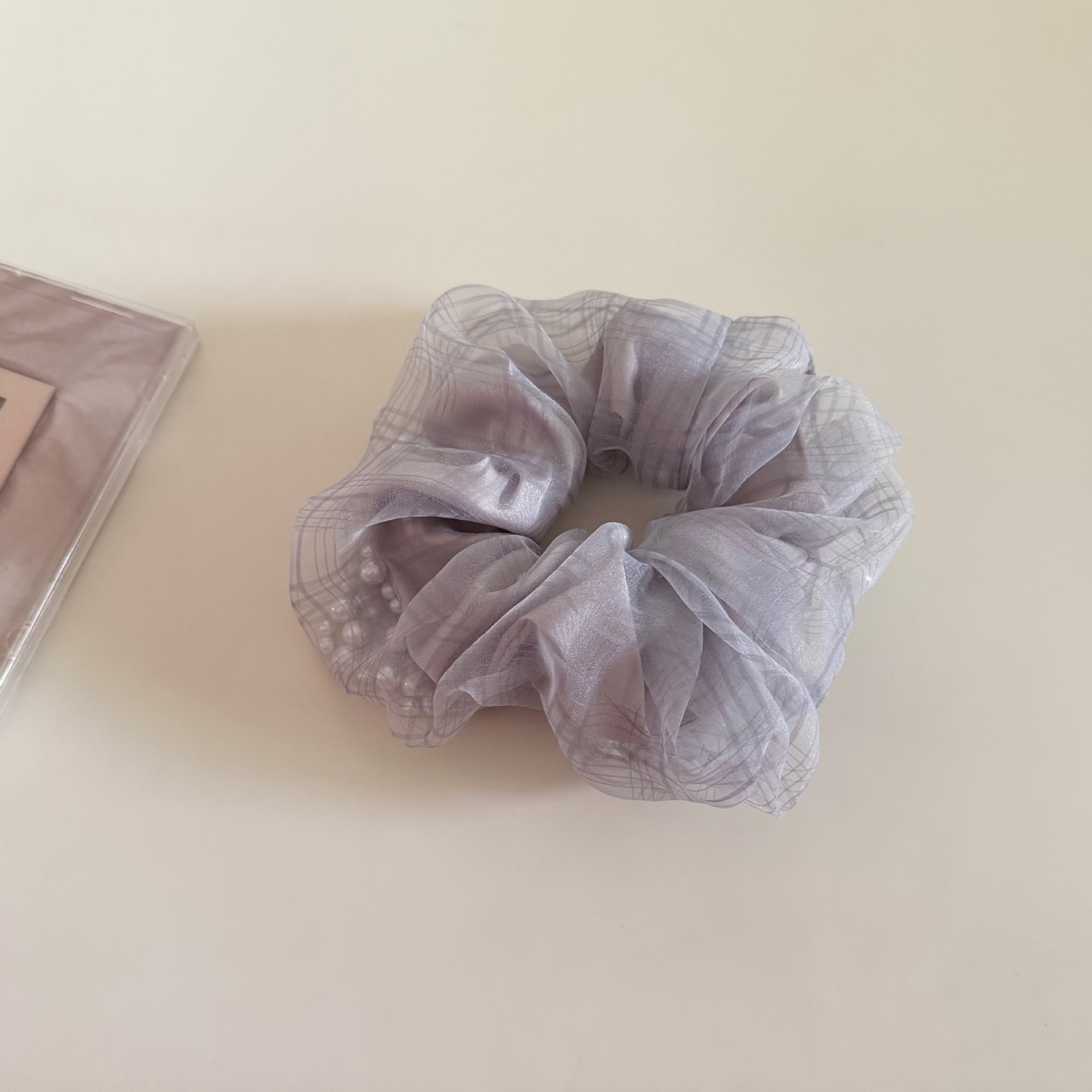 Women's Sweet Apricot Plaid Gauze Hair Tie Scrunchie with Pearls