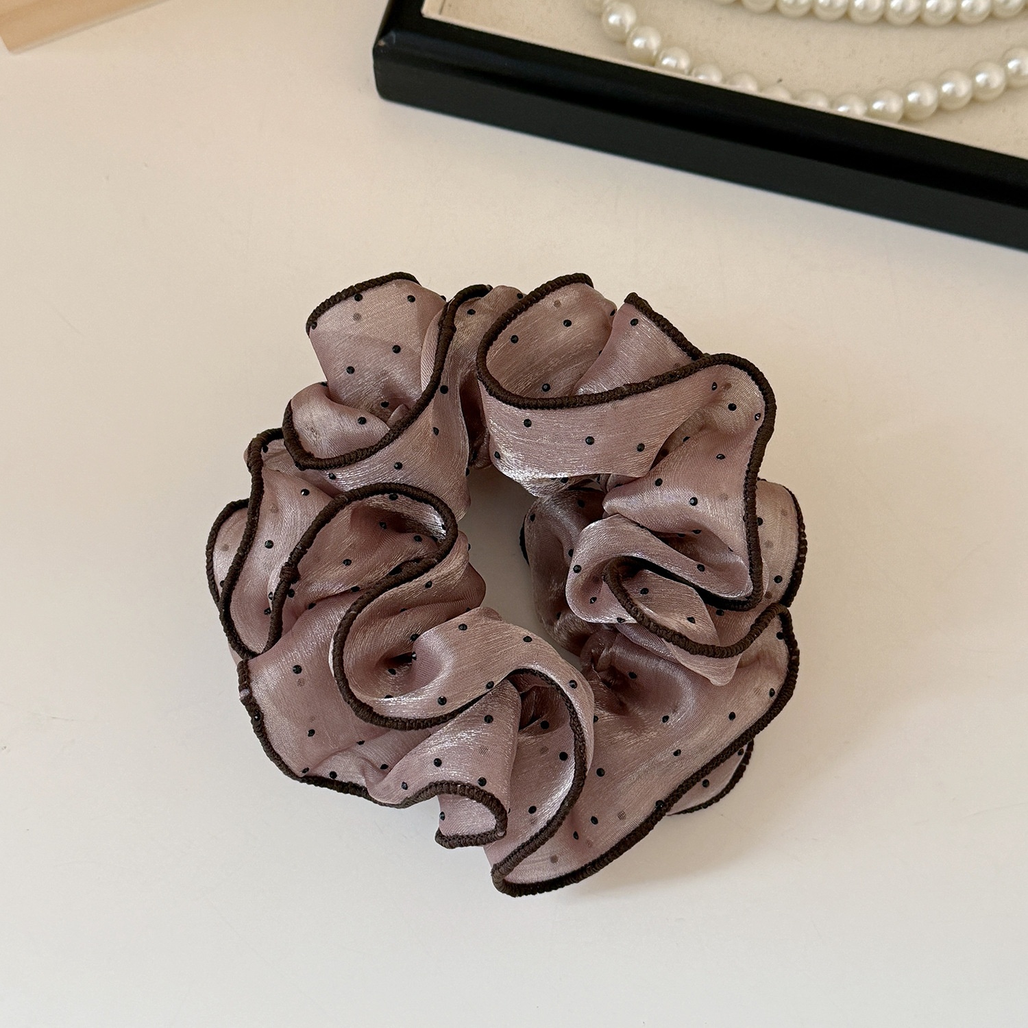 Women's Sweet Gauze Hair Tie For Daily Wear Black And Pink Polka Dots