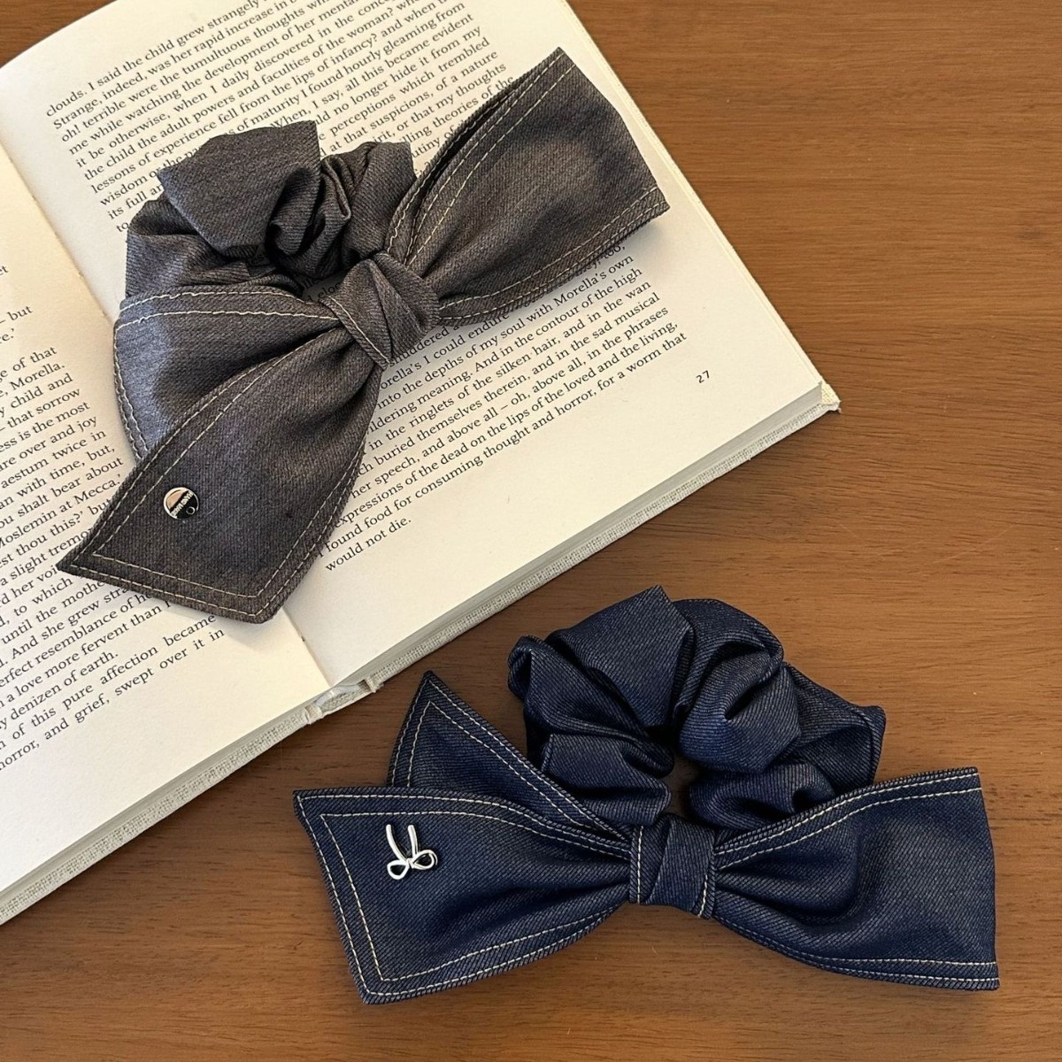 Women's Handmade Denim Butterfly Knot Scrunchie Retro Fashionable Grey Blue