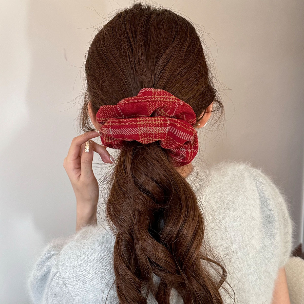 Women Girls Large Elastic Hair Scrunchie Forest Style Red Plaid Tie