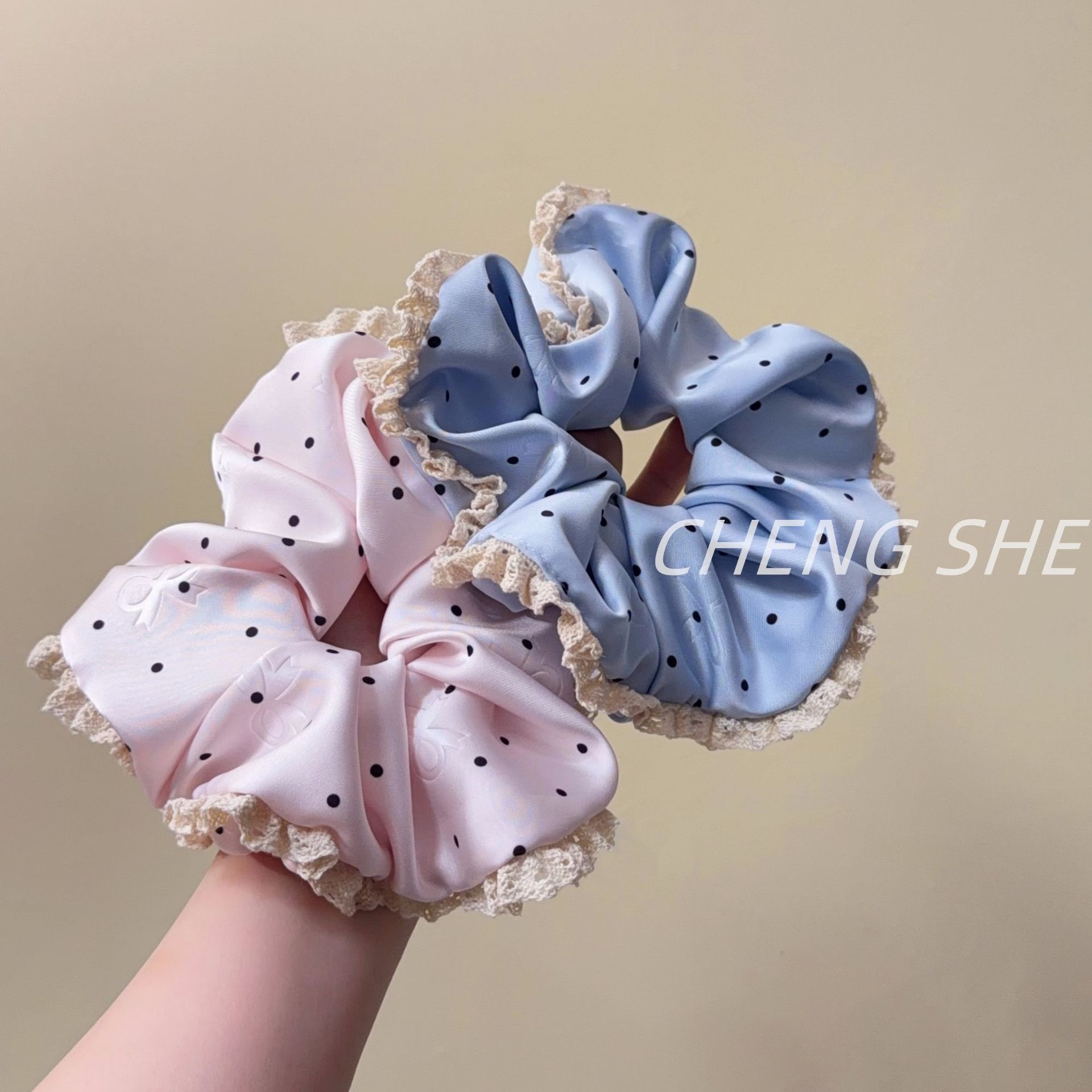 Women's French Satin Bubble Braid Hair Tie in Blue Polka Dot Bow Knot
