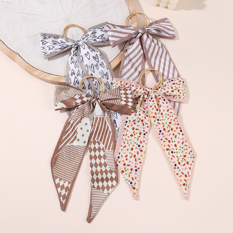 Women's Satin Bow Hair Tie Scarf Headband Black Striped Floral Plaid