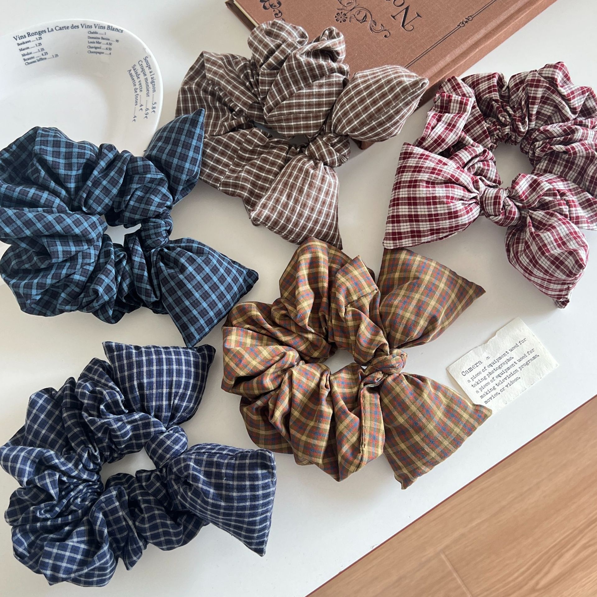 Women's Ruffled Fabric Low Ponytail Hair Tie Scrunchie Retro Plaid
