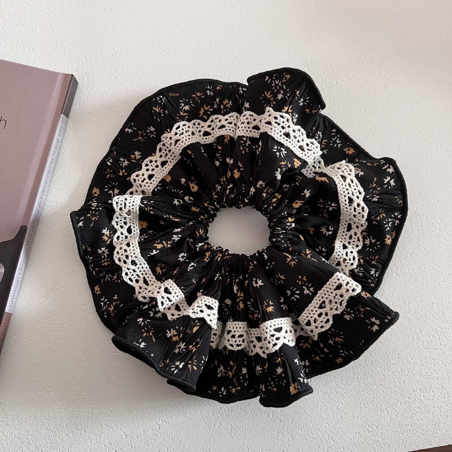 Women's French Boho Elastic Hairband Navy Blue Ditsy Floral Lace