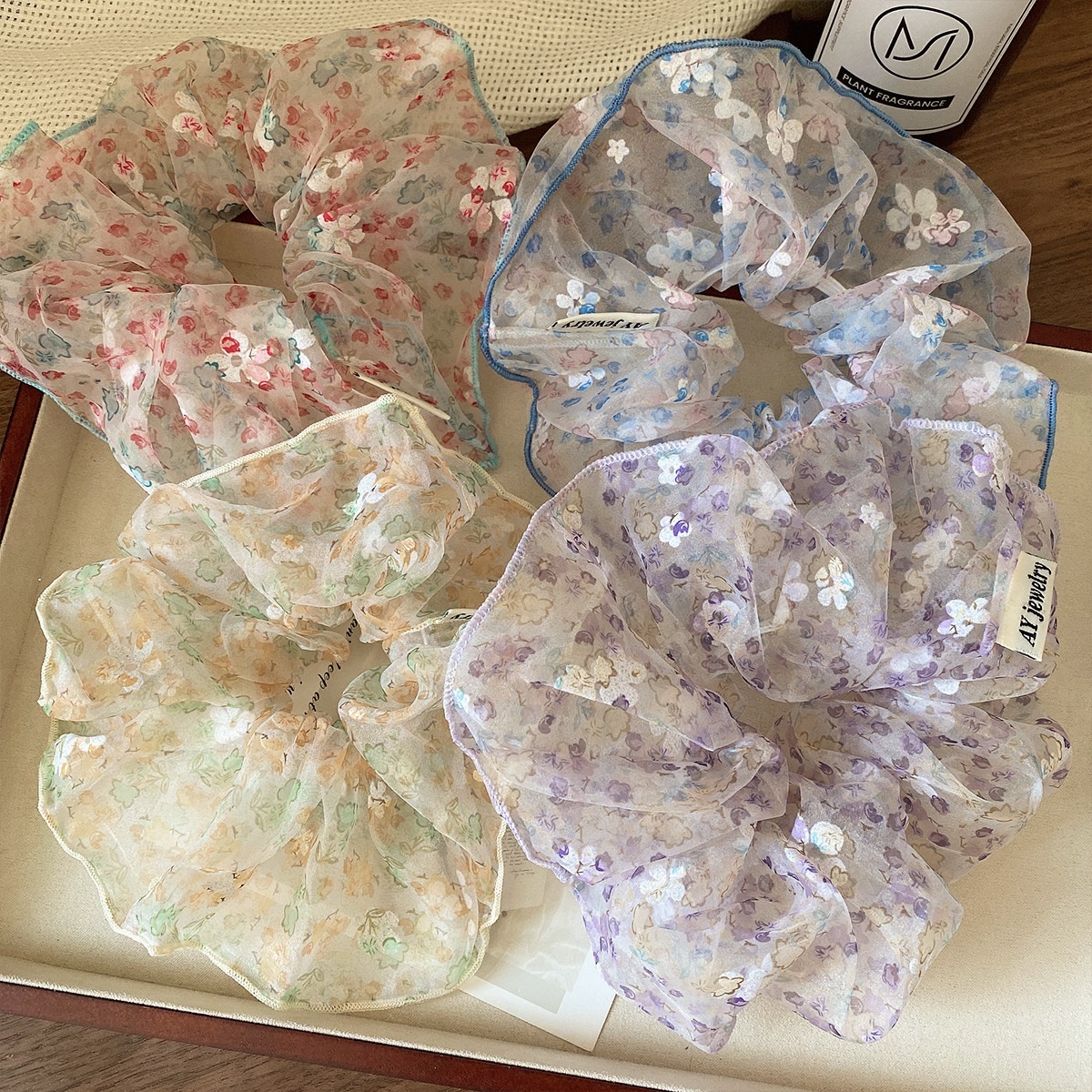 Women's Spring Summer Soft Gauze Hair Tie Scrunchie Pink Ditsy Floral