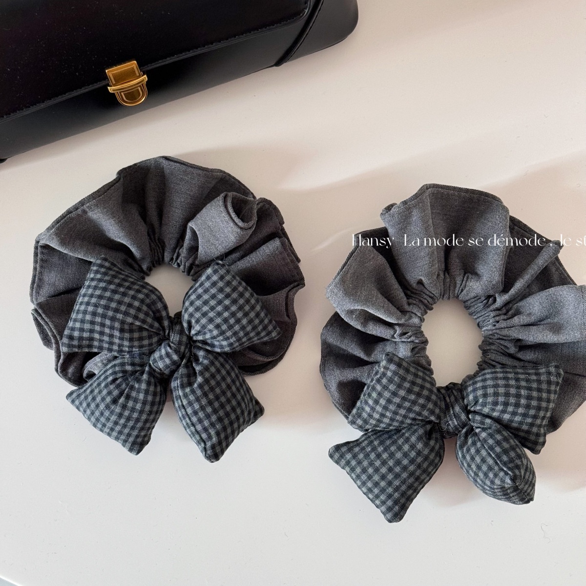 Women's High Elastic Cloth Bowknot Hair Tie For Ponytails Grey Plaid