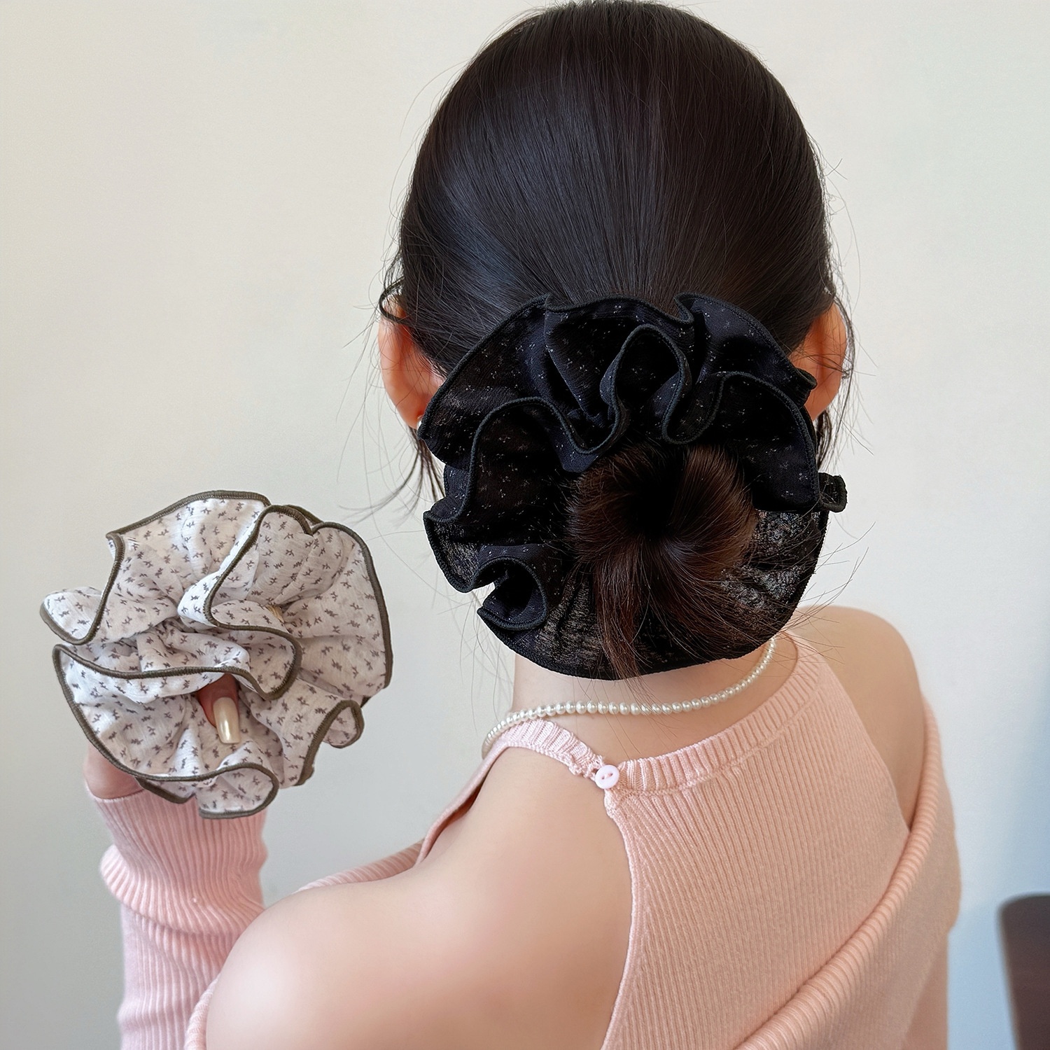 Women's All-Season Elastic Gauze Hair Tie Scrunchie Black Polka Dot