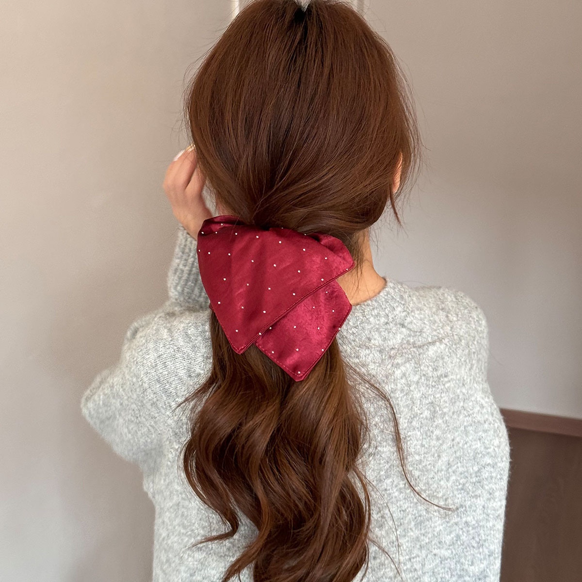 Women's All Season Satin Scarf Scrunchie Hair Tie Solid Red
